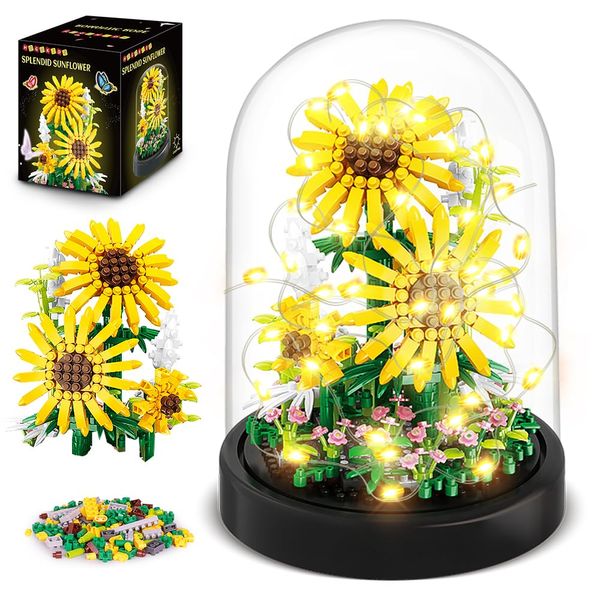 HOGOKIDS Flower Bouquet Building Kit with LED Lighting - 596 PCS Bonsai Tree Sets with Cover Botanical Building Blocks | Birthday Mini Bricks Valentines Day Gift for Adult Girlfriend Wife (Sunflowers)