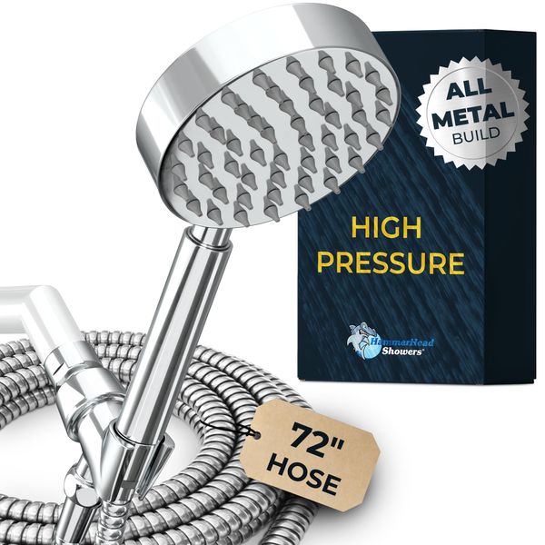 ALL METAL Handheld Shower Head with Hose and Brass Holder- CHROME - 2.5 GPM High Pressure Shower Heads - Hand Shower Head with Adjustable Shower Wand Bracket - 6ft Flexible Extension