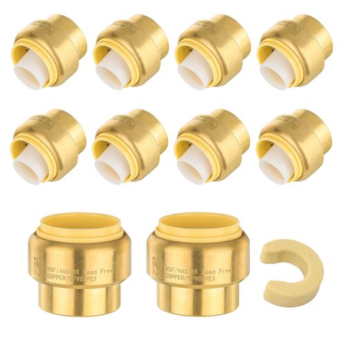 (Pack of 10) Seelink 3/4 Inch Push Fit Plug End Cap Brass fitting, Push to Connect Pex, Copper, CPVC Pipe/Tubing, With Disconnect Clip