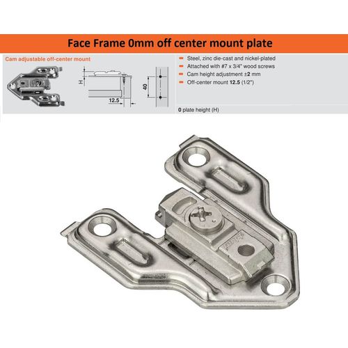 Blum 0mm Off-Center Mounting Plate for Face Frame Cabinets with Height Adjustment, Compatible with Clip Top & INSETA Hinges (2-Plates)
