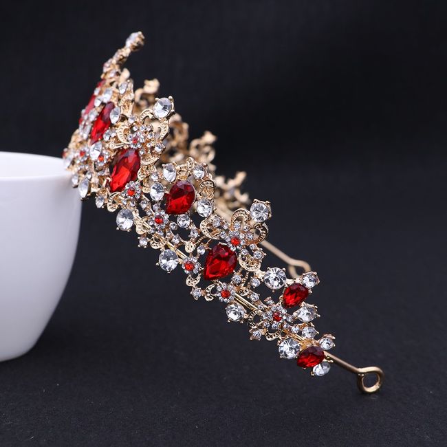 Lurrose Royal Crystal Tiara Elegant Wedding Princess Queen Crystal Tiara Hair Accessories Crown Jewelries for Bride Bridesmaid Red