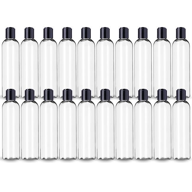 ljdeals 8 oz Clear Plastic Empty Bottles with Black Disc Top Caps, Refillable Containers for Shampoo, Lotions, Cream and More Pack of 20, BPA Free, Made in USA