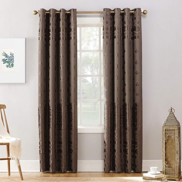 Sun Zero Elidah Medallion Bonded Velvet Thermal Extreme Total Blackout Grommet Curtain Panel, 50" x 84", Mocha