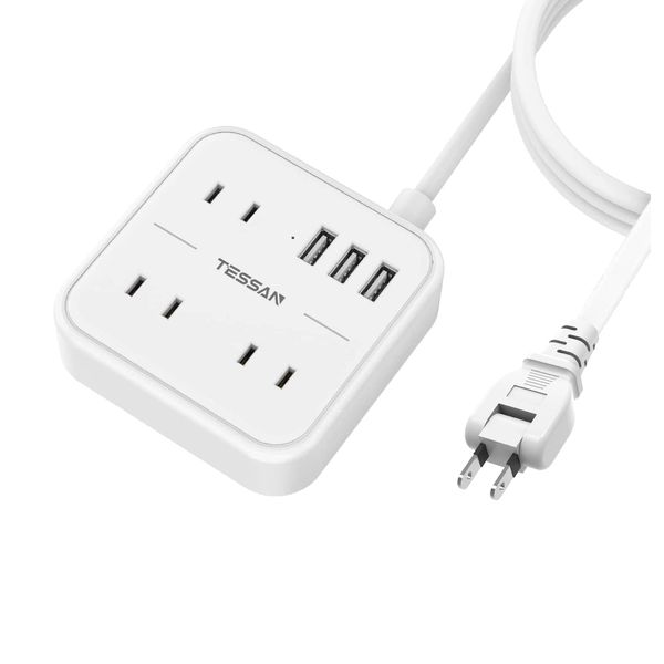 TESSAN Extension Cord, 9.8 ft (3 m), Power Strip, USB Outlets, 3 AC Outlets, 3 USB Ports, Table Tap, Multi-Tap, Octopus Wiring, USB Charging, Compact, Urea Resin, White