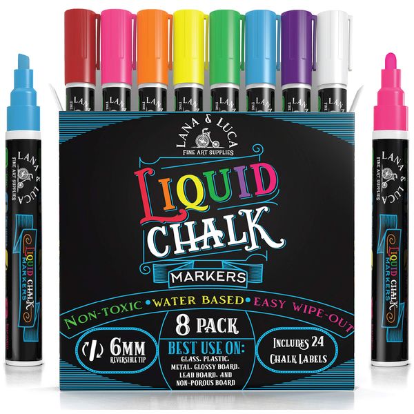 Liquid Chalk Markers for Blackboards - Bold Color Dry Erase Marker Pens Chalkboards Signs, Windows, Blackboard, Glass with 24 Chalkboard Labels Included 6mm Reversible Tip (8 Pack)