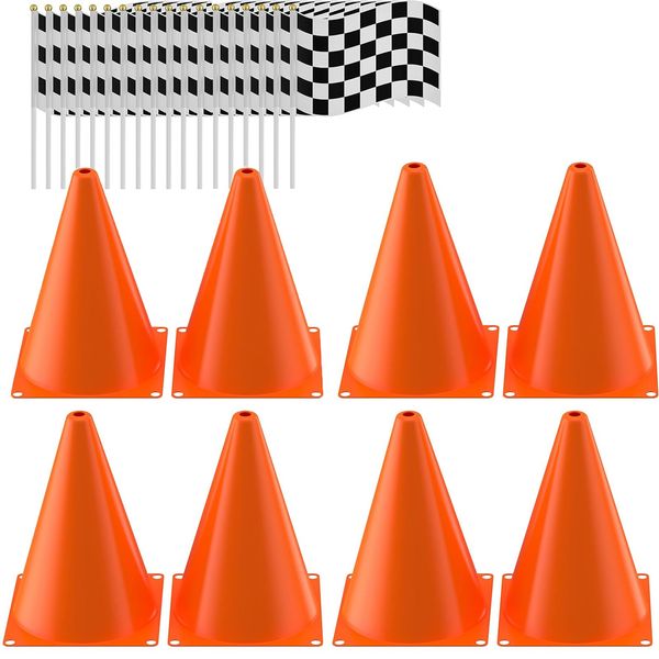 Traffic Cones with Racing Checkered Flags-8 Traffic Cones With Hole on Top, 16 Checkered Flags, Race Car Birthday Party Supplies, Table Centerpiece Decorations, Kids Gift (24PCS)