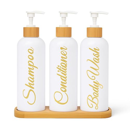 uMadeUs Shampoo and Conditioner Dispenser - Essentials Toiletry Bottles - Shower Refillable Shampoo and Body Wash Soap Pump Bottle – 3X 16oz Containers - White and Gold Round Bamboo Cap 1