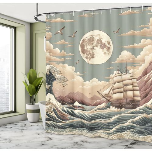 Ambesonne Nautical Shower Curtain, Pastel Ocean Scenery with Waves and Ship in Japanese Ethnic Style, Cloth Fabric Bathroom Decor Set with Hooks, 69" W x 70" L, Pale Teal Tan Dried Rose