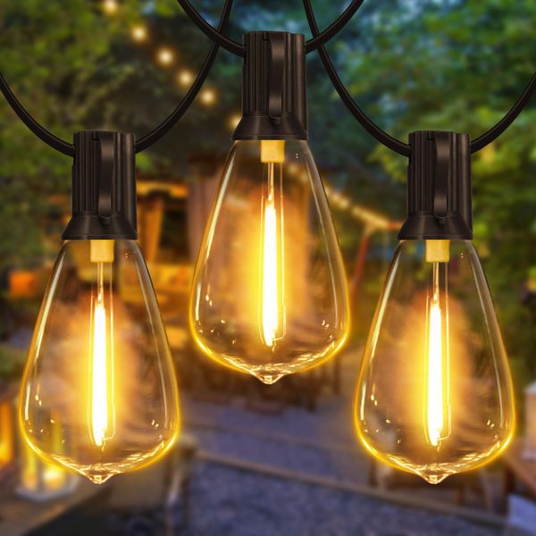 Ollny Festoon Lights Outdoor 15m, LED String Light Mains Powered, Waterproof Garden Light with Plug/25+2 Shatterproof ST38 Bulbs/Hook, Bright Warm White Lighting Outside Indoor Tree Patio Decorations