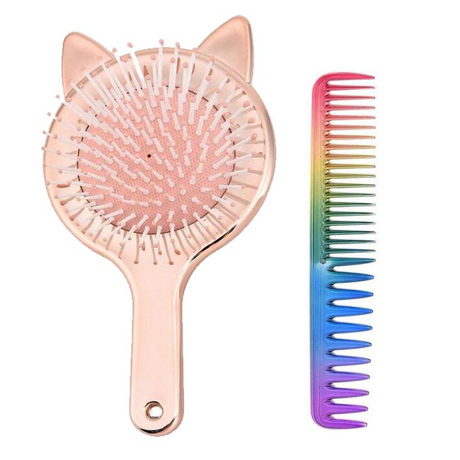 Aethland Toddler Hair Brush and Comb Set, Kids Hair Brush｜1pc Detangling Brush for Curly Hair and 1Pc Rainbow Color Hairdressing Comb Set for Fine Thick Hair