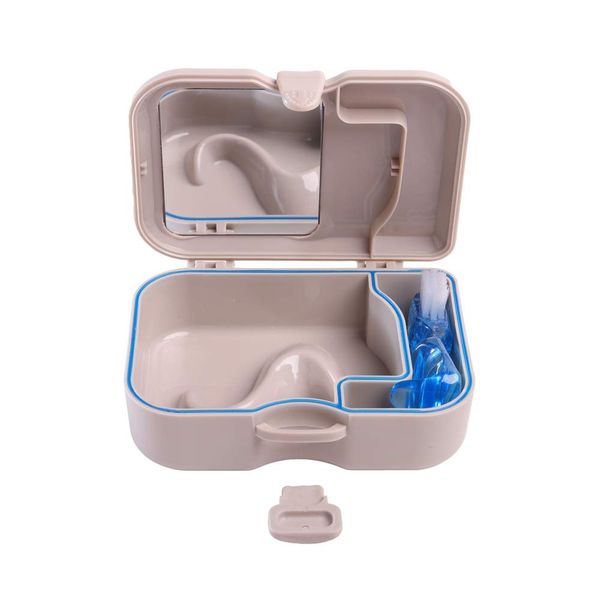 Denture Box Case Bath Container and Brush with Mirror False Teeth Storage Box for Travel Daily Denture Care