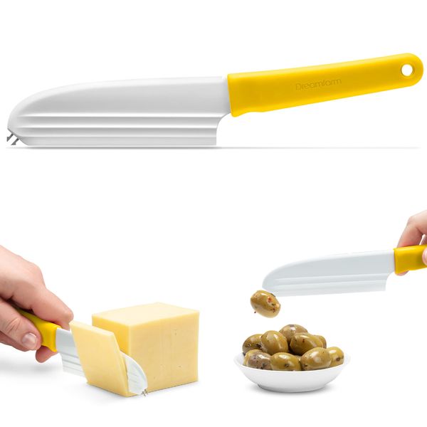 Dreamfarm Knibble Lite | Non-Stick Cheese Knife with Stainless Steel Forks | Multi-Functional Kitchen Knife for Slicing Spreading and Serving | Yellow