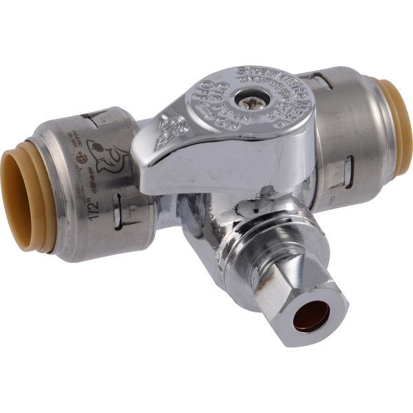 SharkBite 1 2 x 1 2 x 1 4 Inch Brass Push Tee Stop Valve Compression Fitting