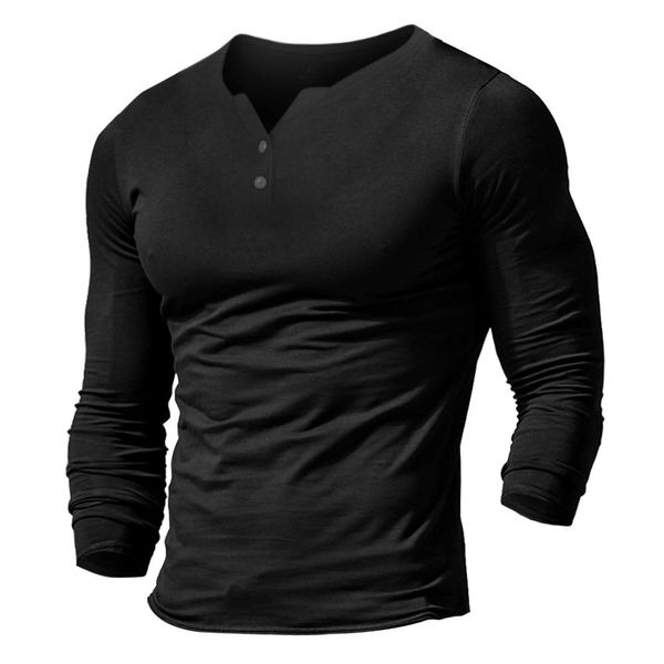 Muscle Alive Mens Long Sleeve Henleys T-Shirts Buttons Placket Plain v Neck Cotton Shirts Black Color Size L