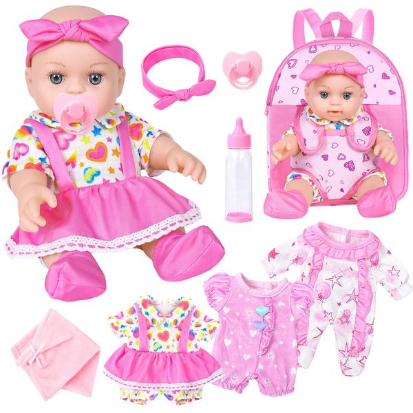 DONTNO 12 Inch Baby Doll with Backpack Carrier and Accessories,Reborn Baby Doll Includes 3 PCS Clothes and Bottles,Nipple,Burp Cloth,First Baby Dolls for Toddlers 36 Months and Up