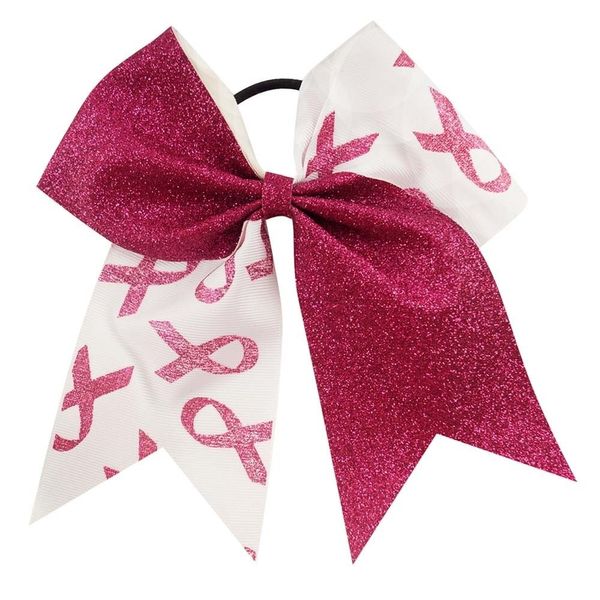 NEW "GLITTER BREAST CANCER Ribbon" Cheer Hair Bow Pony Tail 7 Inch Girls Cheerleading Practice Games School Uniform Hairbow Grosgrain Ribbon Awareness Event Pink Out Game