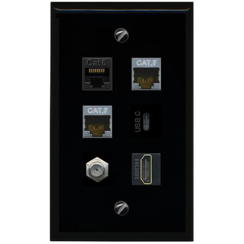 RiteAV CAT6 2 CAT7 Coax HDMI USBC Flat/Solid Wall Plate [Black]