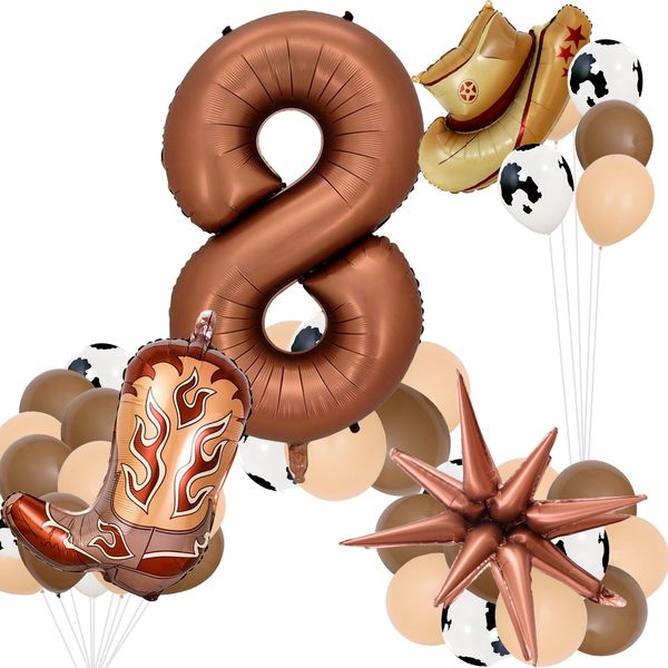 Number 8 Balloons Cowboy Themed Party Decorations, 40inch Foil Balloon Brown Number Balloons, Cow Balloons Cow Farm Cowboy Hat Balloons for Kids Cowboy Birthday Party Decorations