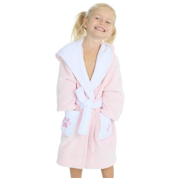 Metzuyan WS-AW23 Baby Girls Boys Teddy Bear Hearts Plain Dressing Gown with Hood Cosy Plush Fleece Hooded Robe Pink 3-4 Years