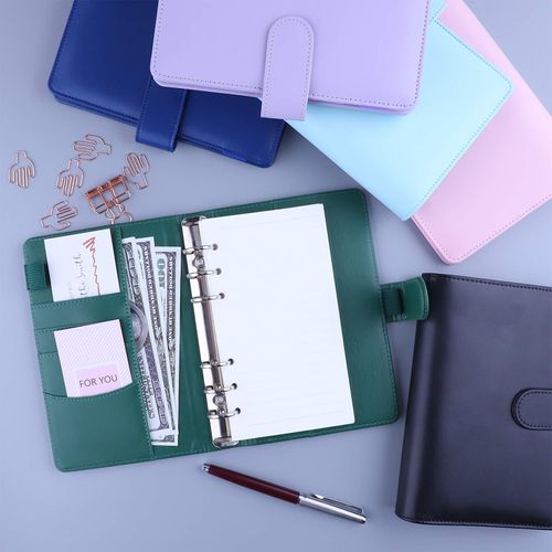 HAUTOCO A6 PU Leather Notebook Refillable 6 Ring Binder for A6 Filler Paper and Cash Budget Envelopes Loose Leaf Personal Planner Binder Cover with Magnetic Buckle Dark Green