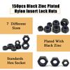 150 Pcs Black M12/M10/M8/M6/M5/M4/M3 Hex Lock Nuts Carbon Steel Nylon Insert Locknut Assortment Threaded Inserts Hex Nut Set Assorted Nylon Locking Nuts(Black)