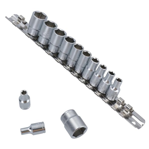 13PC 1/4 Shallow CRV Sockets Chrome Vanadium on Rail SS093 by Toolzone