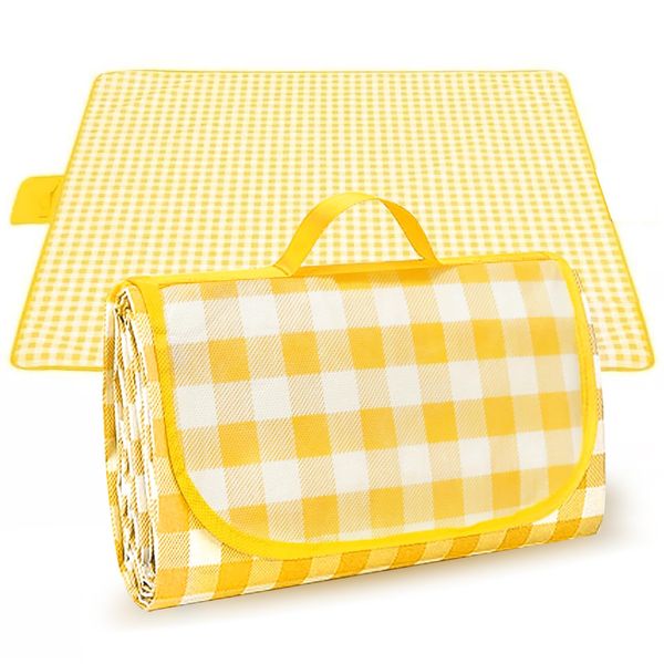 OXTXO Portable and Lightweight Picnic Blanket with Carrying Handle - 2m x 2m Beach Mat,Sandproof,Water Resistant,and Foldable Outdoor Beach Blanket,Camping, Hiking,and Outdoor Activities (Yellow)