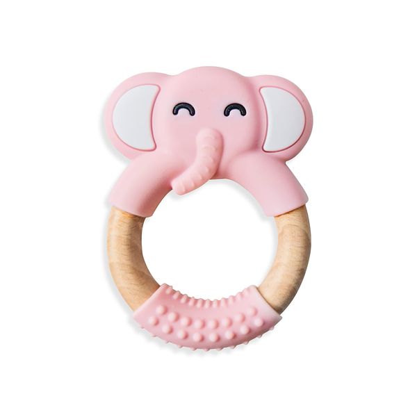 iShop Pink Teething Toys for Baby – Cute Elephant Teether – Soft Silicone Baby Teether for 3+ Months Old – Silicone and Wooden Teether for Girls and Boys – Lightweight Safe Design - 5.5 x 70.8 x 18mm