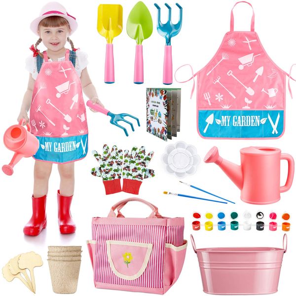 GINMIC Kids Gardening Tools with STEM Learning Guide, Apron, Watering Can, Gloves, Shovel, Rake, & Painting Accessories Beach Sand Toy For Garden, Easter Gifts for Girls