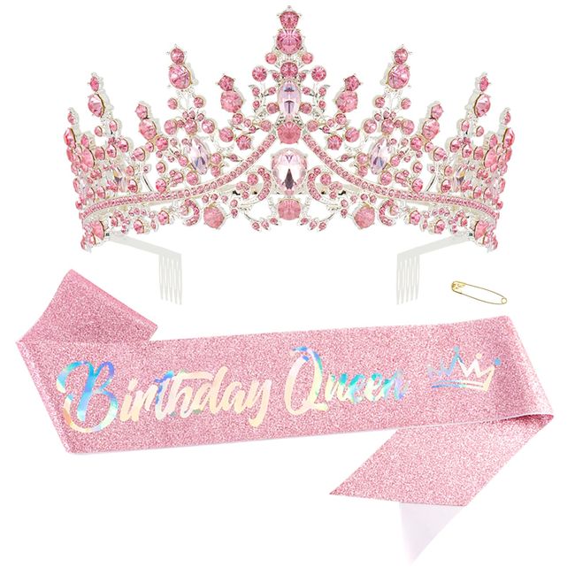 Canitor Birthday Queen Crown and Sash for Women Sparkling Rhinestone Tiara and Sashes for Girls Princess Bride Crown for Wedding Prom Halloween Cosplay Party Quinceanera (pink)