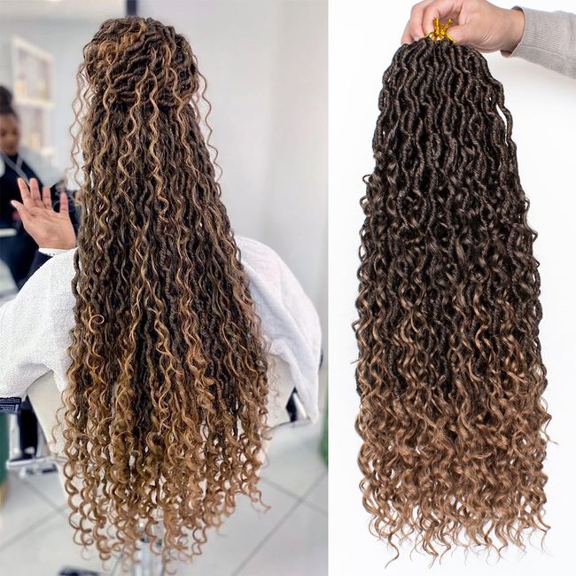 Xtrend 24Inch 8 Packs 12Strands/pack River Goddess Faux Locs Crochet Hair With Curly Hair In Middle And Ends Pre-Looped Crochet Braids Messy Bohemian Faux Locs Hair Extensions T27#…