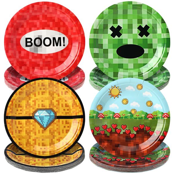 Havawish 96Pcs Pixel Party Plates 7'' Disposable Round Paper Cake Plates Miner Themed Pixel Game Tableware Decorations for Pixel Themed Video Game Birthday Party Supplies