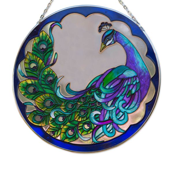 Bits and Pieces - 9⅞” Peacock Art Glass Suncatcher - Majestic Peacock - Patio Decor - Indoor/Outdoor Decoration