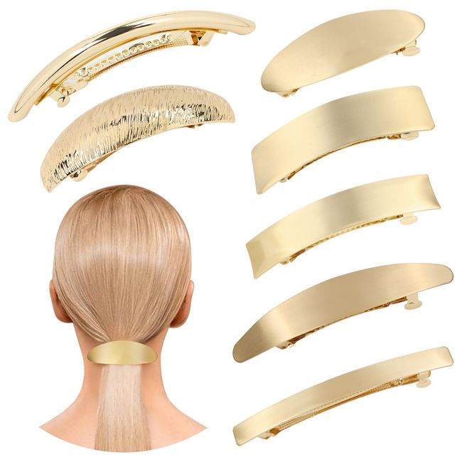 Cinaci 7 Pack Simple Elegant Gold Metal French Barrettes Decorative Snap Hair Clips Barrettes Clamps Accessories for Women Girls