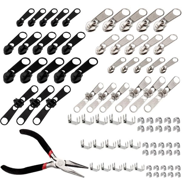 Ewwtrey 85 Pcs Zip Repair Kit, Zipper Pull Replacement Parts, Zipper Repair Kit, Fix a Zipper, Fix Zip Puller Replacement Zipper Pulls, Metal Zipper Head Sliders Replacement Zip Stoppers, with Pliers