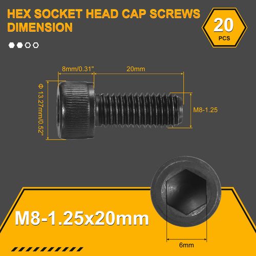 DTGN M8-1.25x20 Socket Head Cap Screws Bolts - 20Pack - Good for Road Bicycle, Mountain Bike, Auto, Motorcycle - Carbon Steel Hex Head Metric Screws, Black