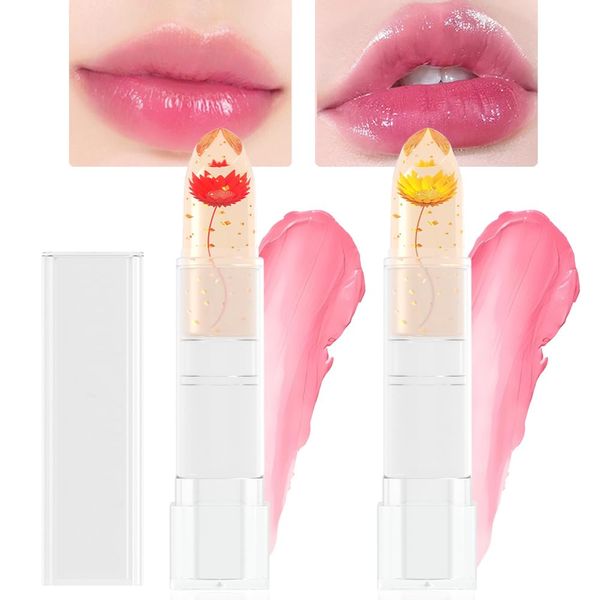 BINGBRUSH Crystal Flower Jelly Color Changing Lipstick,Long Lasting Lip Care Moisturizer Lip Balm Magic Color Change Lip Gloss Lip Tint Stain Matte Makeup Lipstick (2 Pcs 03#Red&04#Yellow)