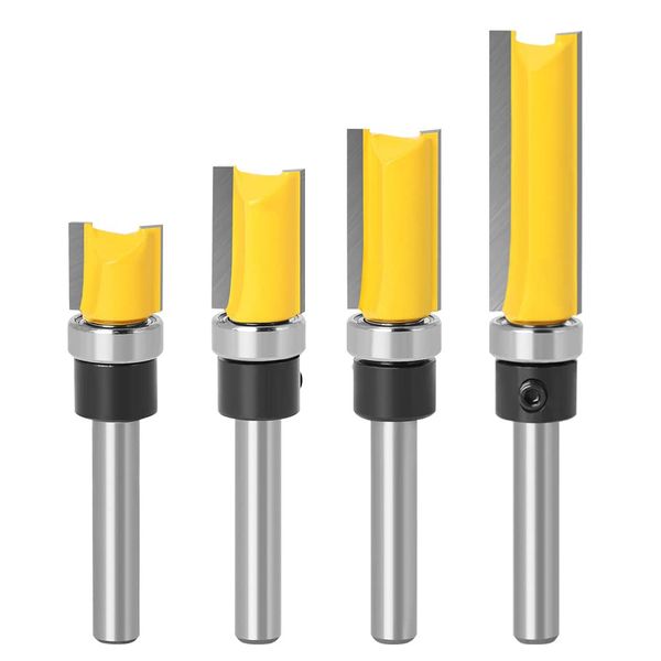 4Pcs Flush Trim Pattern Router Bit Set 1/4 Inch Shank Straight Flush Trim Tools Woodworking Template Router Cutter with Bearing