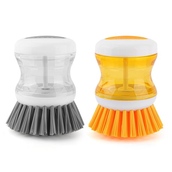 2 Pcs Soap Dispensing Dish Brush, Dish Brush 2 in 1 Multifunctional Pressing Cleaning Brush, Washing up Brush with Liquid Dispenser, Kitchen Brushes for Dishes, Pot Pan Sink Cleaning