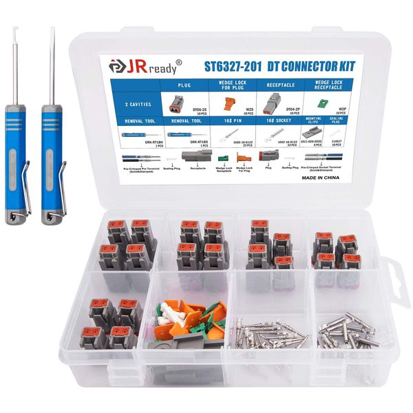 JRready 2 Pin Way Deutsch DT Connector Kit, Size 16 Stamped Contacts 14-18AWG, Seal Plugs, DT04-2P DT06-2S Gray Waterproof Automotive Electrical Connectors (10 Set), ST6327-201.