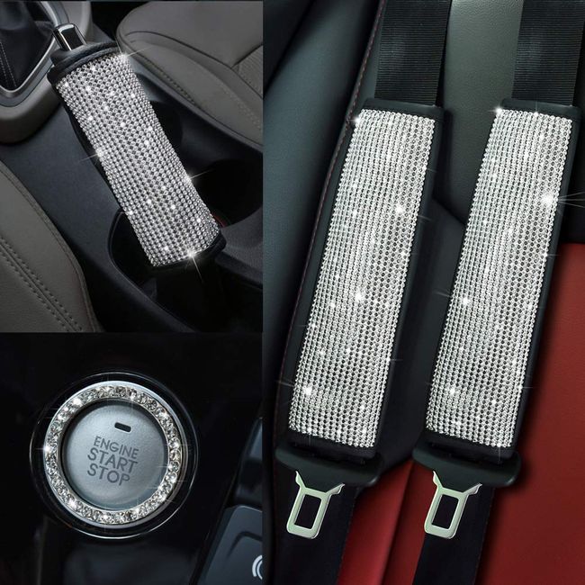 Valleycomfy Leather Seat Belt Shoulder Pads with Bling Rhinestones Car Bling Seat Belt Covers for Women, Crystal Handbrake Cover, Bling Ring Set Bling Car Accessories 4 Pack Set Universal