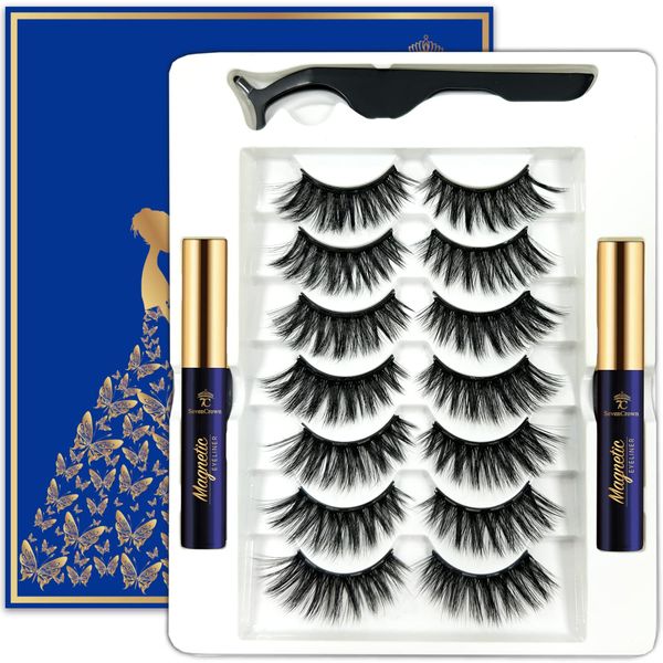 3D Magnetic Eyelashes with Eyeliner Kit - 7C SevenCrown Magnetic Lashes Natural Looking with Upgraded 2 Tubes of Magnetic Liner Waterproof, Long Lasting,7 Pairs Reusable False Eyelashes Easy to Apply.