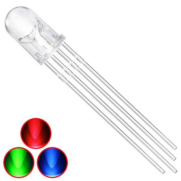 Youmile 100pcs 5mm LED Light Emitting Diode Common Cathode 4Pin RGB 3 Colors (Red/Green/Blue) Transparent LED Lamp for Arduino PCB