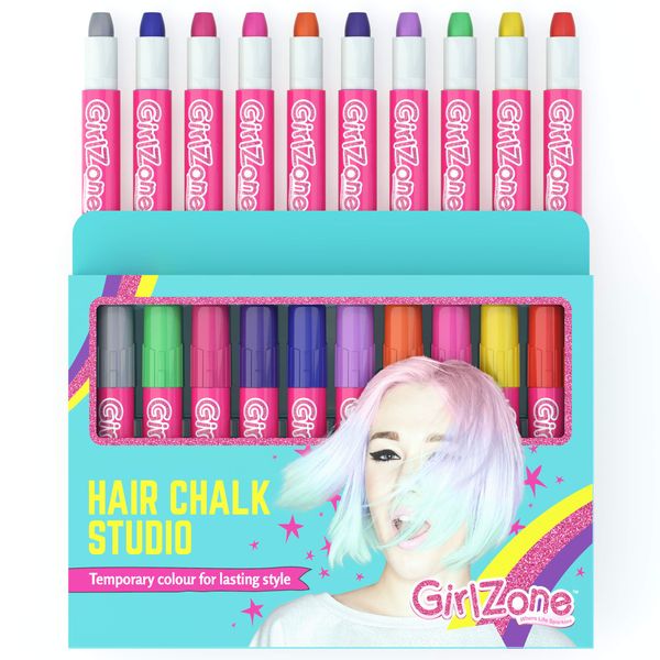 GirlZone Hair Chalks Set, 10-Piece Temporary Chalk Pens Kit, Easy to Apply and Remove Girls Hair Colour for Kids Dress Up Parties and Role Play, Gift-Ready Kids Hair Dye and Toys for Girls