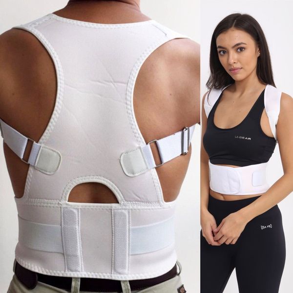 Posture Corrector Deluxe, Magnetic, Adjustable Straps, Neoprene, Four Colours (3XL, White) Unisex