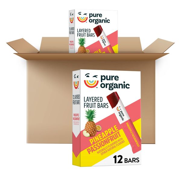 Pure Organic Layered Fruit Bars, Gluten Free, Vegan Fruit Snacks, Pineapple Passionfruit (2 Boxes, 24 Bars)