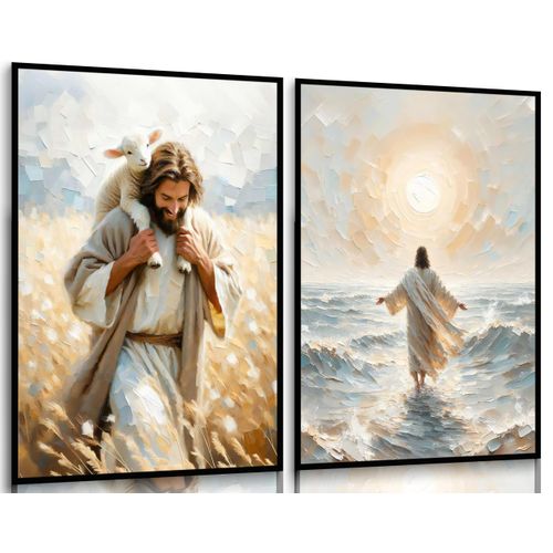 2Pcs Jesus Canvas Wall Art Christ Saves The Lost Lamb Posters Prints Jesus Walking On Water Pictures Paintings Open your arms and embrace the sun Wall Decor for Living Room Bedroom Decoration Unframed