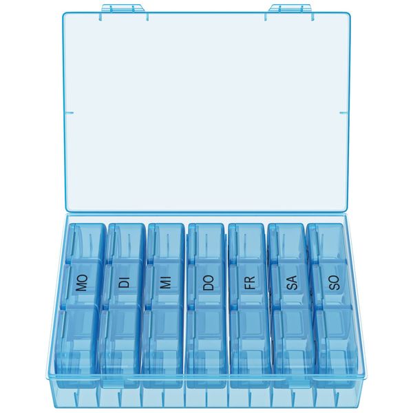 WELLGRO Tablettenbox für 7 Tage - Pillendose je 3 Fächer pro Tag - Klappdeckel mit Druckverschluss - Aufbewahrungsbox - BPA-freier Kunststoff, Farbe:Blau