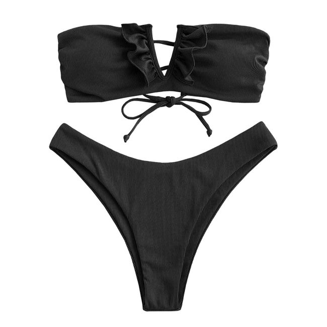 ZAFUL V-Verdrahtet Gerippt Fest Hoher Schnitt Bandeau Bikini Set Gepolstert Zwei Stücke Badeanzug Bademode für Damen (C-Schwarz,M)