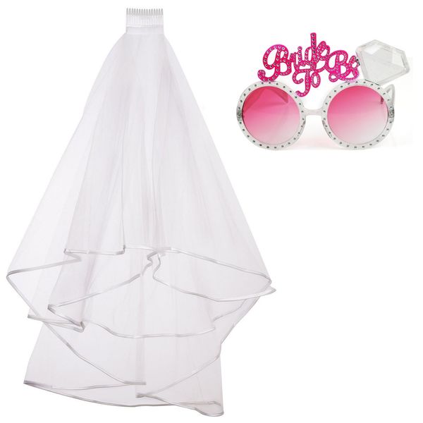 InnoBase Hen Party Accessories Bridal Wedding Veil with Comb Bride To Be Sunglasses Pink 2pcs